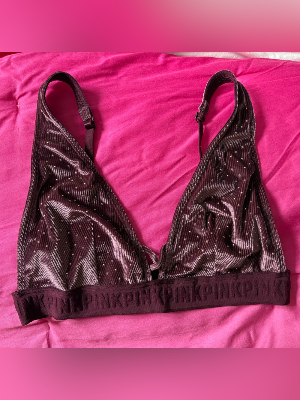 PINK Victoria's Secret Plum Velvet Triangle Bralette with Metallic Dots